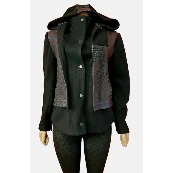 Jackets & Blazers - LAMB By Gwen Stefani RARE Black Leather Wool Sz 8 Hooded Womens Coat Jacket #CB2